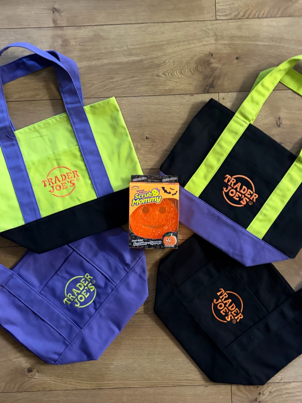 TRADER JOES SMALL MINI tote bags WITH PUMPKIN SCRUB DADDY